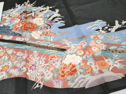 平和屋着物＊夏物　黒留袖　絽　御所車飛鶴草花文　金彩　洗える着物　CABF2641tx