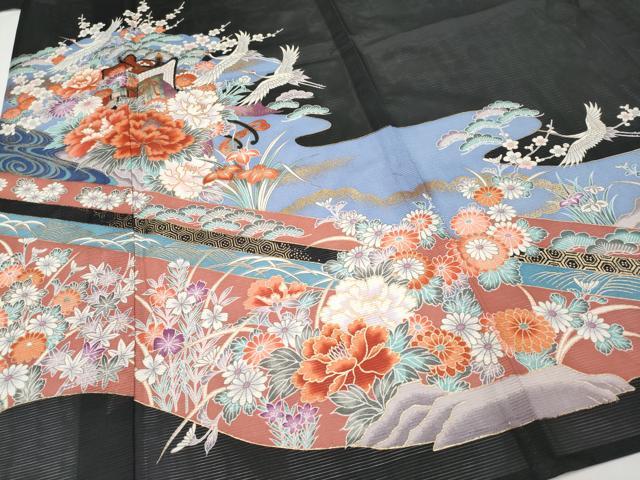 平和屋着物＊夏物　黒留袖　絽　御所車飛鶴草花文　金彩　洗える着物　CABF2641tx