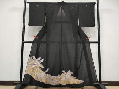 平和屋着物＊夏物 黒留袖 絽 刺繍 飛鶴草花文 金彩 洗える着物 CABF2646tx
