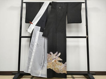 平和屋着物＊夏物 黒留袖 絽 刺繍 飛鶴草花文 金彩 洗える着物 CABF2646tx