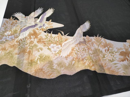 平和屋着物＊夏物 黒留袖 絽 刺繍 飛鶴草花文 金彩 洗える着物 CABF2646tx