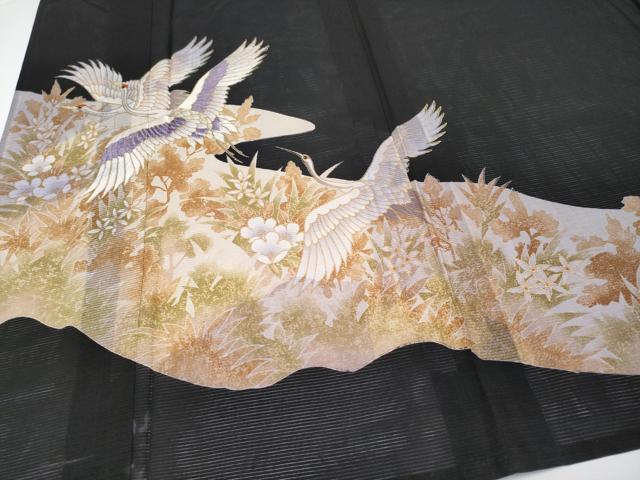 平和屋着物＊夏物 黒留袖 絽 刺繍 飛鶴草花文 金彩 洗える着物 CABF2646tx