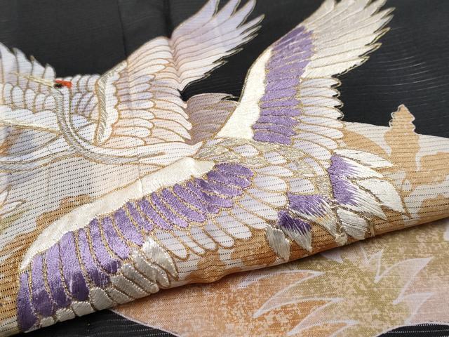 平和屋着物＊夏物 黒留袖 絽 刺繍 飛鶴草花文 金彩 洗える着物 CABF2646tx