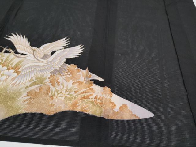 平和屋着物＊夏物 黒留袖 絽 刺繍 飛鶴草花文 金彩 洗える着物 CABF2646tx