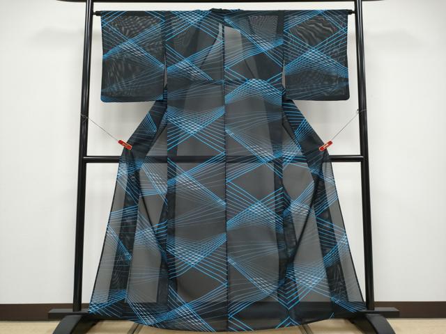 平和屋着物＊夏物 小紋 絽 吉祥文 黒地 洗える着物 CABF2651tx