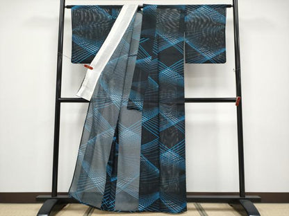 平和屋着物＊夏物 小紋 絽 吉祥文 黒地 洗える着物 CABF2651tx