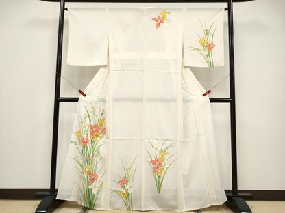 平和屋着物＊夏物 訪問着 絽 草花文 金彩 生成り色 正絹 逸品 CABF2658tx