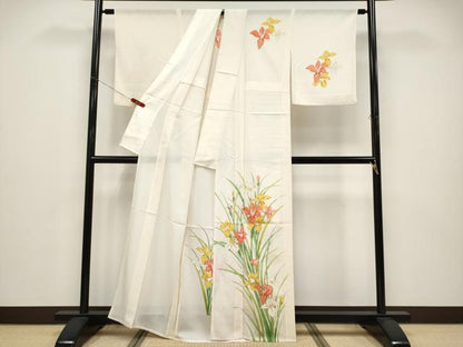 平和屋着物＊夏物 訪問着 絽 草花文 金彩 生成り色 正絹 逸品 CABF2658tx