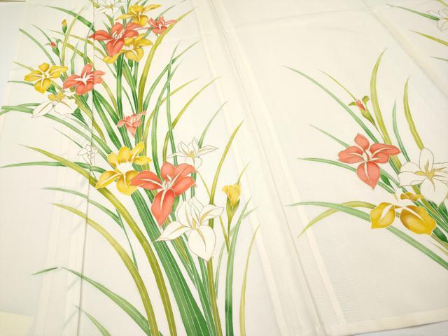 平和屋着物＊夏物 訪問着 絽 草花文 金彩 生成り色 正絹 逸品 CABF2658tx