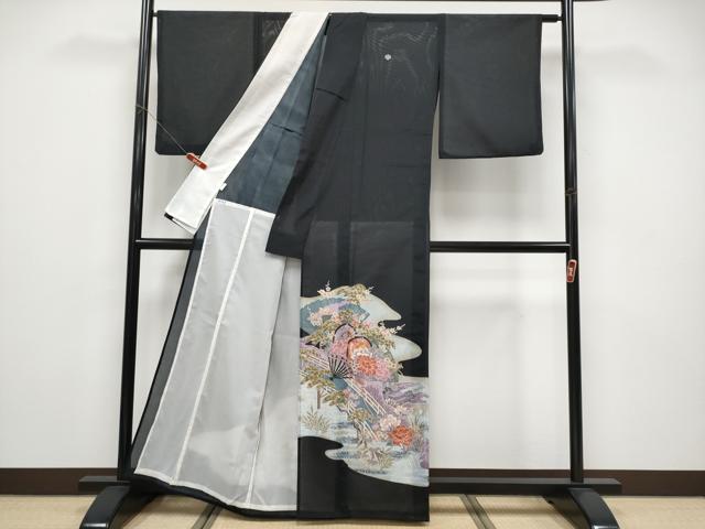 平和屋着物＊夏物 黒留袖 絽 扇面鼓草花文 金彩 洗える着物 CABF2661tx