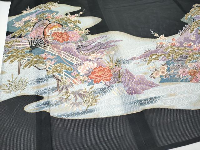 平和屋着物＊夏物 黒留袖 絽 扇面鼓草花文 金彩 洗える着物 CABF2661tx