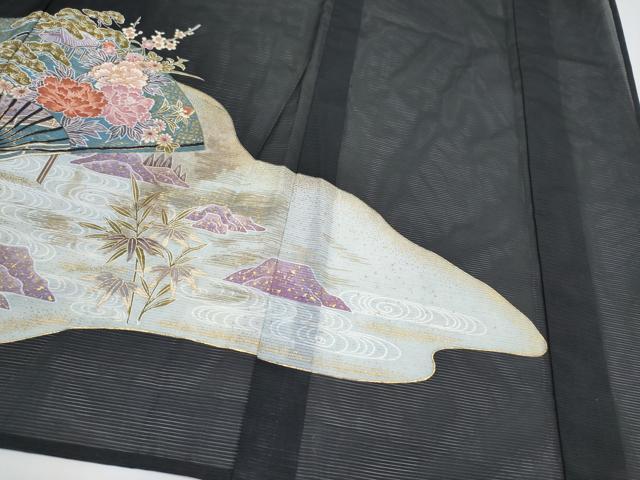 平和屋着物＊夏物 黒留袖 絽 扇面鼓草花文 金彩 洗える着物 CABF2661tx