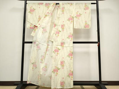平和屋着物＊夏物 小紋 紗 草花文 洗える着物 CABF2663tx