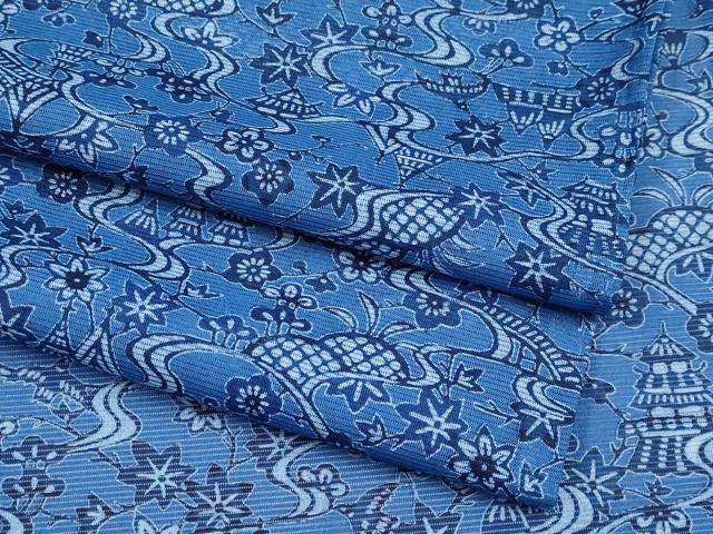 平和屋着物＊夏物 小紋 藍 型染め 絽 御所解文 洗える着物 未使用 CABF2664tx