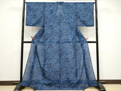 平和屋着物＊夏物　小紋　藍　型染め　絽　流水草花文　洗える着物　CABF2665tx