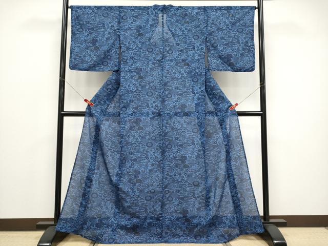 平和屋着物＊夏物　小紋　藍　型染め　絽　流水草花文　洗える着物　CABF2665tx