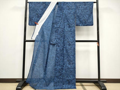 平和屋着物＊夏物　小紋　藍　型染め　絽　流水草花文　洗える着物　CABF2665tx