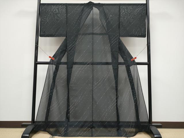 平和屋着物＊夏物 小紋 絽 流線文 黒地 洗える着物 未使用 CABF2669tx