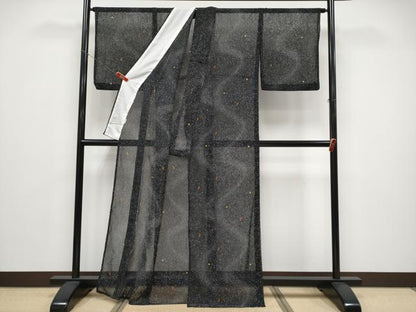 平和屋着物＊夏物 小紋 紗 三日月 星 黒地 洗える着物 CABF2671tx