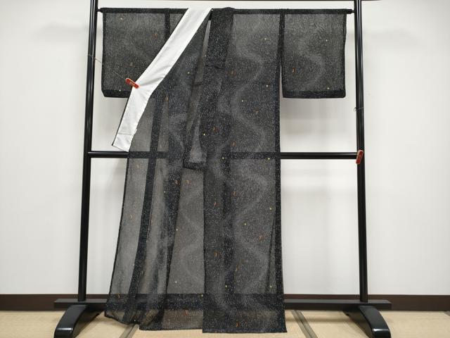 平和屋着物＊夏物 小紋 紗 三日月 星 黒地 洗える着物 CABF2671tx