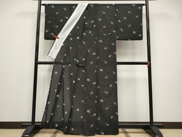 平和屋着物＊夏物　小紋　紗　源氏香　舞桜　黒地　洗える着物　CABF2673tx