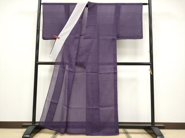 平和屋着物＊夏物 色無地 枝葉紋紗 深紫色地 洗える着物 CABF2674tx