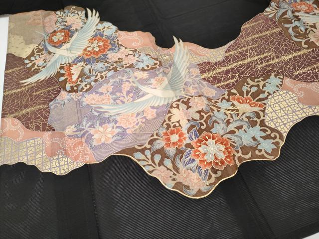 平和屋着物＊夏物　黒留袖　絽　飛鶴花唐草文　金彩　洗える着物　CABF2682tx