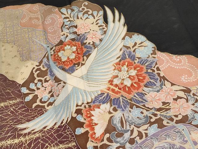 平和屋着物＊夏物　黒留袖　絽　飛鶴花唐草文　金彩　洗える着物　CABF2682tx