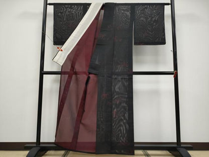 平和屋着物＊夏物　小紋　絽　笹　黒地　洗える着物　未使用　CABF2683tx