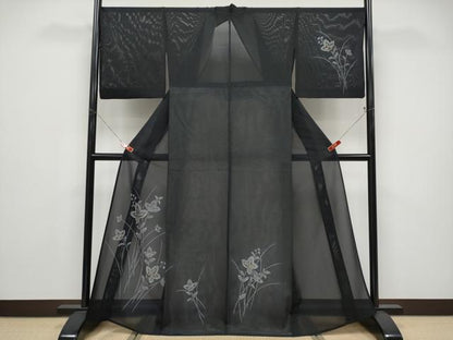 平和屋着物＊夏物 訪問着 絽 草花文 黒地 金彩 正絹 逸品 CABF2692tx