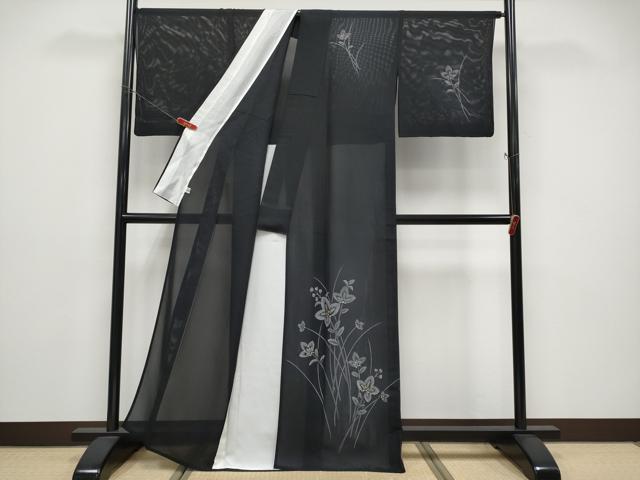 平和屋着物＊夏物 訪問着 絽 草花文 黒地 金彩 正絹 逸品 CABF2692tx