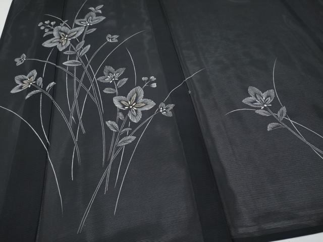 平和屋着物＊夏物 訪問着 絽 草花文 黒地 金彩 正絹 逸品 CABF2692tx