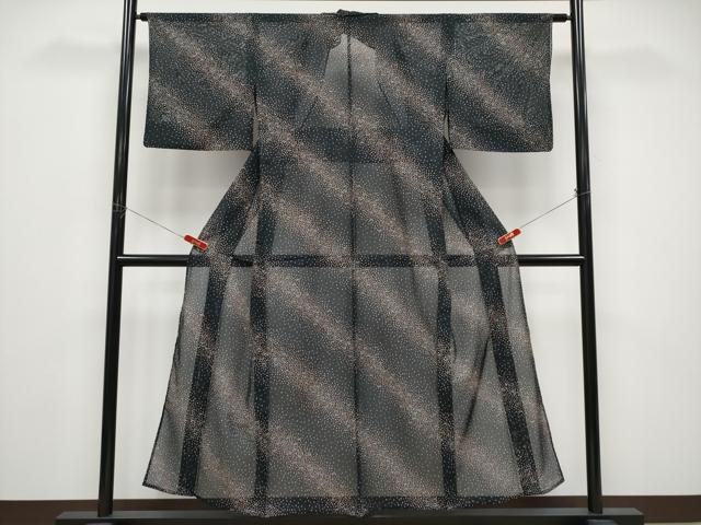 平和屋着物＊夏物　小紋　絽　溢れ松葉　黒地　洗える着物　CABF2693tx