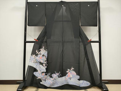 平和屋着物＊夏物　黒留袖　絽　扇面花文　銀彩　洗える着物　CABF2697tx