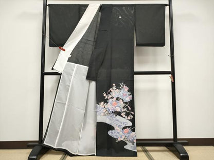 平和屋着物＊夏物　黒留袖　絽　扇面花文　銀彩　洗える着物　CABF2697tx