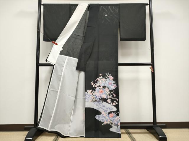 平和屋着物＊夏物　黒留袖　絽　扇面花文　銀彩　洗える着物　CABF2697tx