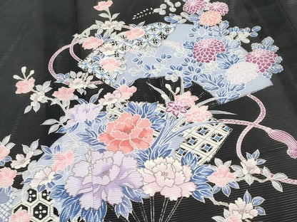 平和屋着物＊夏物　黒留袖　絽　扇面花文　銀彩　洗える着物　CABF2697tx
