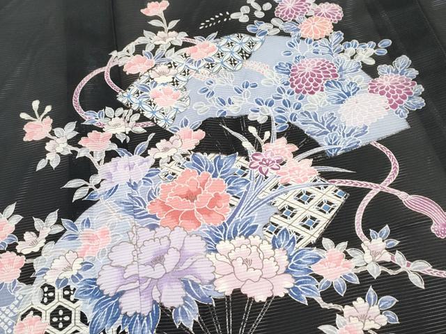 平和屋着物＊夏物　黒留袖　絽　扇面花文　銀彩　洗える着物　CABF2697tx