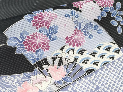 平和屋着物＊夏物　黒留袖　絽　扇面花文　銀彩　洗える着物　CABF2697tx