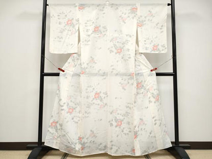 平和屋着物＊夏物 小紋 絽 枝椿 生成り色 正絹 逸品 未使用 CABF2701tx