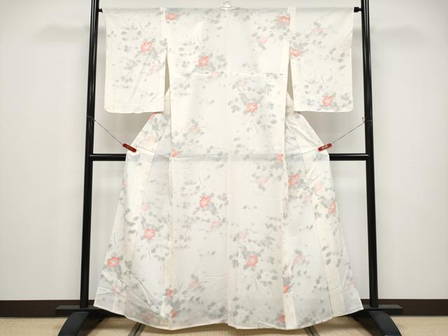 平和屋着物＊夏物 小紋 絽 枝椿 生成り色 正絹 逸品 未使用 CABF2701tx