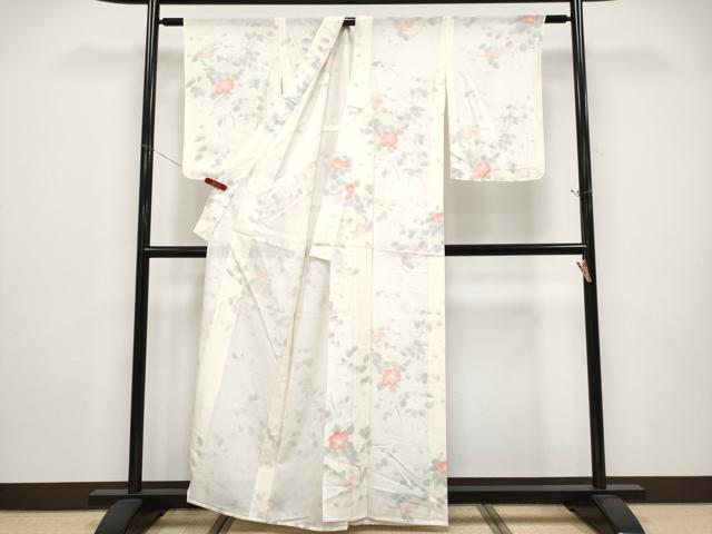 平和屋着物＊夏物 小紋 絽 枝椿 生成り色 正絹 逸品 未使用 CABF2701tx