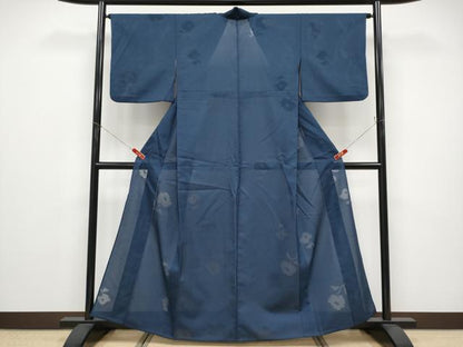 平和屋着物＊夏物 色無地 草花紋紗 藍鉄色地 正絹 逸品 CABF2704tx