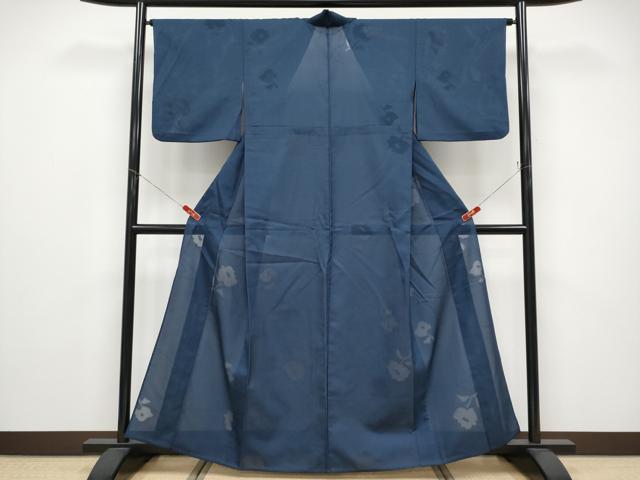 平和屋着物＊夏物 色無地 草花紋紗 藍鉄色地 正絹 逸品 CABF2704tx