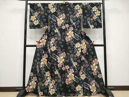 平和屋着物∴夏物 浴衣 綿紅梅 舞花文 黒地 金彩 綿 逸品 CABF2713tx
