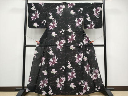 平和屋着物∴夏物 浴衣 兎 草花文 黒地 綿 逸品 CABF2714tx