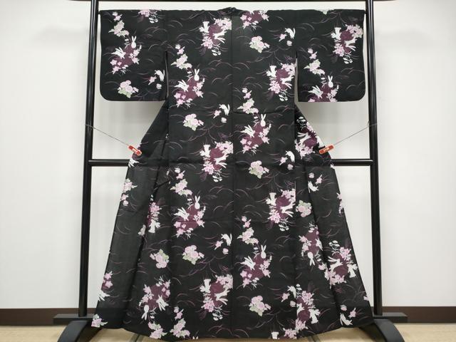 平和屋着物∴夏物 浴衣 兎 草花文 黒地 綿 逸品 CABF2714tx