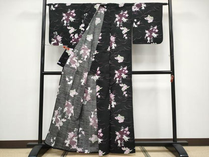 平和屋着物∴夏物 浴衣 兎 草花文 黒地 綿 逸品 CABF2714tx