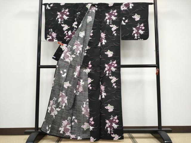 平和屋着物∴夏物 浴衣 兎 草花文 黒地 綿 逸品 CABF2714tx