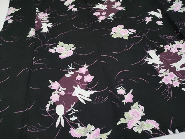 平和屋着物∴夏物 浴衣 兎 草花文 黒地 綿 逸品 CABF2714tx